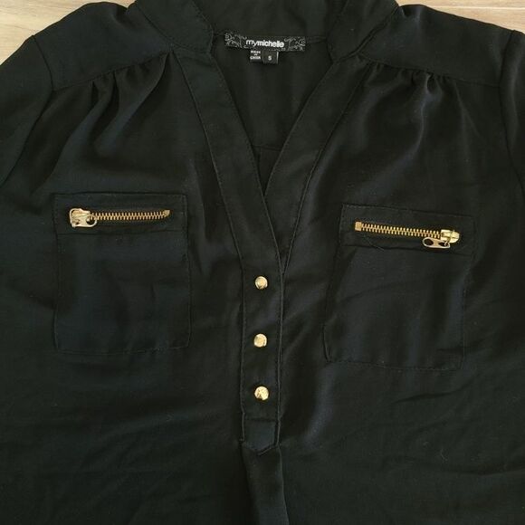 MyMichelle Black Sheer Blouse XS – Gold Zippers, Roll Tab Sleeves, V-Neck - Picture 3 of 8
